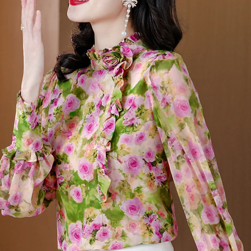 #2543 Floral Printed Blouse Women Ruffles Collar Vintage Blouse Femme Lantern Long Sleeve Retro Ladies Tops And Blouses Spring