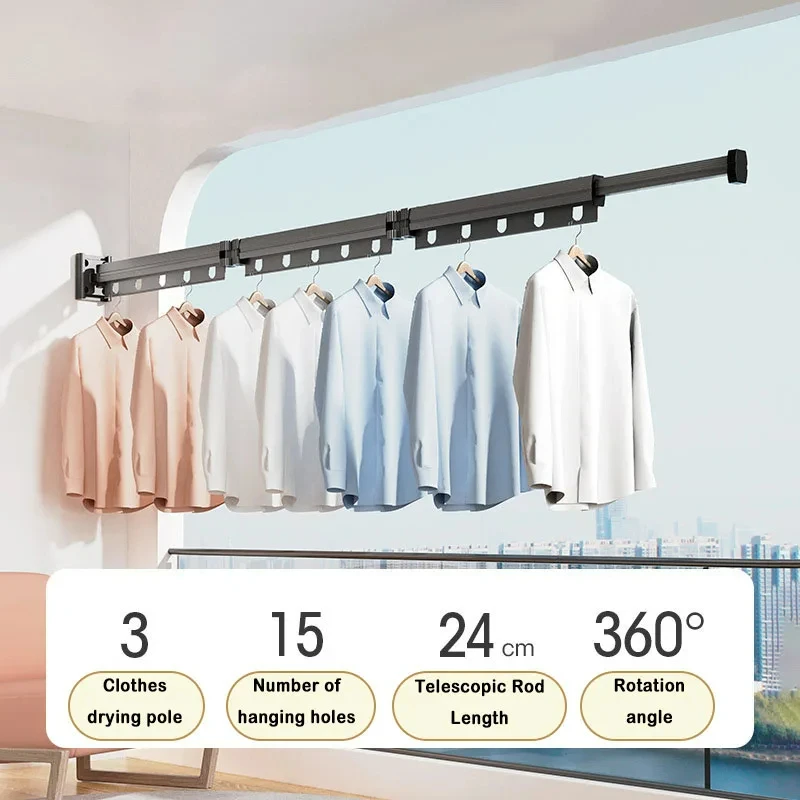 Suction/Drill Wall Mount Folding Clothes Drying Rack With Retractable Suction Cup Extension Pole Reusable 3-Fold Clothes Rack