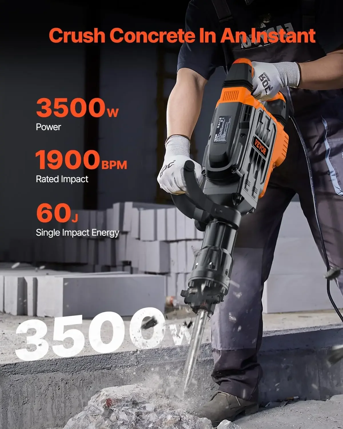 3500W Electric Demolition Hammer, 1900 BPM Durable Jack Hammer, Concrete Breaker with 2 Chisels, Gloves, and a 360° Rotatable Ha