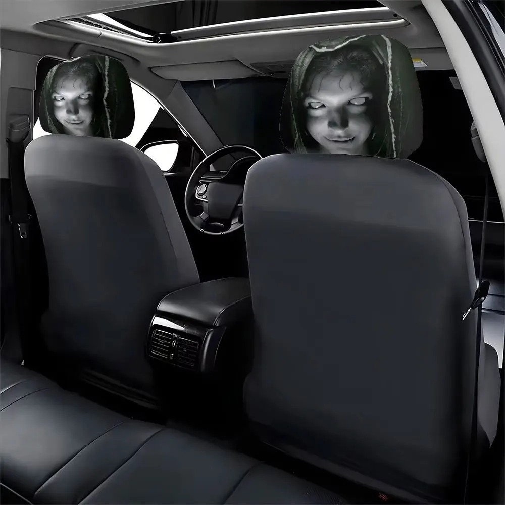 2x Car Headrest Covers Universal Elastic Fit Horror Theme Skull Design Funny Playful Car Seat Protectors Car Pillow Cover