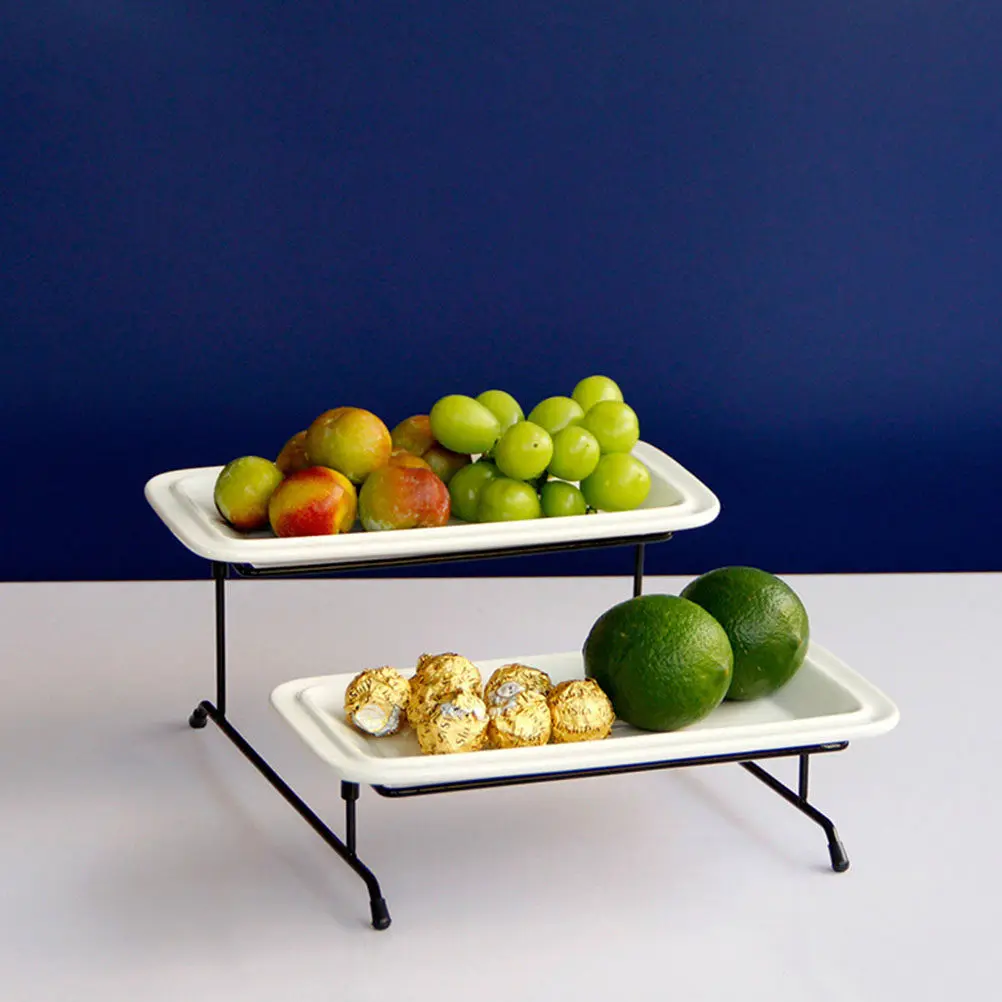 1Set Double Tier Fruit Holder Serving Tray Set Ceramic Top Iron Base Dessert Storage Tray for Cakes Snacks Sushi Appetizers Home