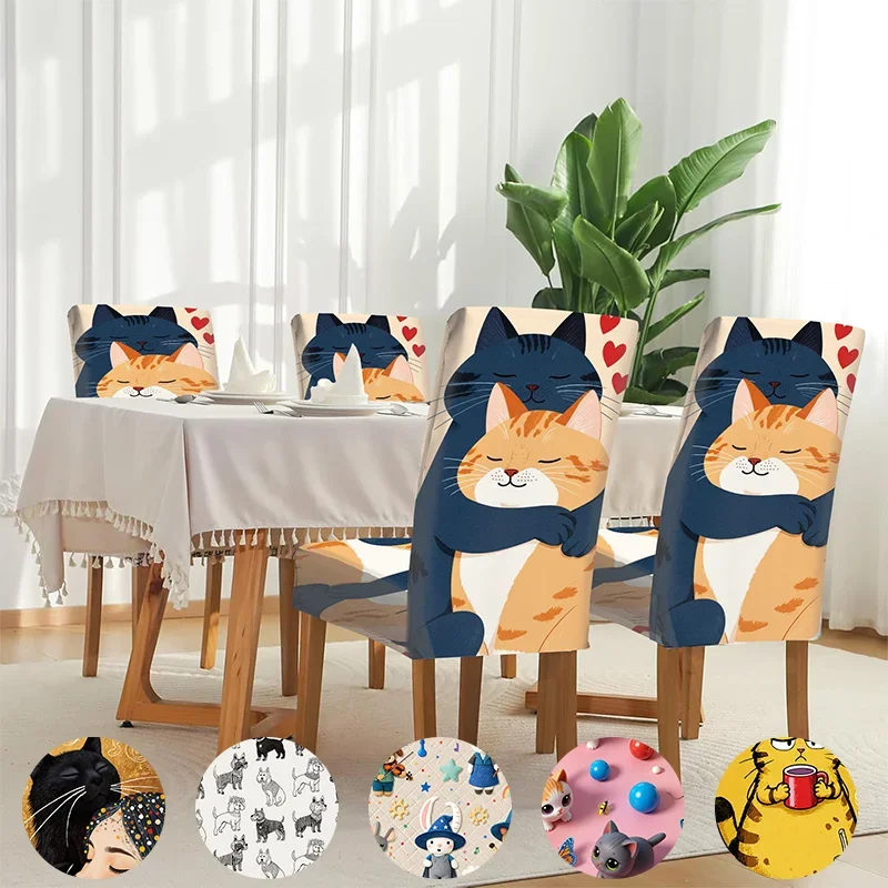 Elastic dining chair cover Warm cat hug illustration Delivers love Removable, washable, home dining chair cover