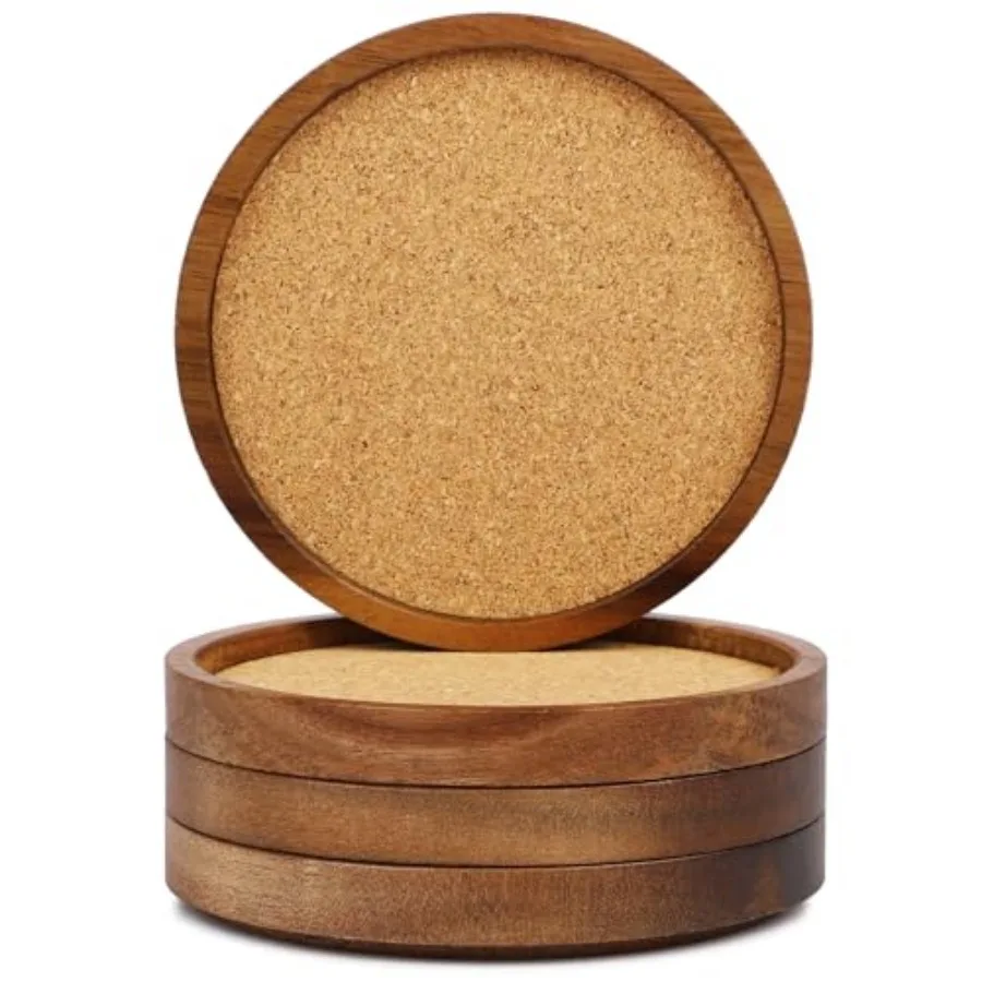 Wooden Drink Coasters Set of 4, Stackable Cup Coaster for Table, 4.2 inch Absorbent Cork Coasters Set for Tabletop Protection,