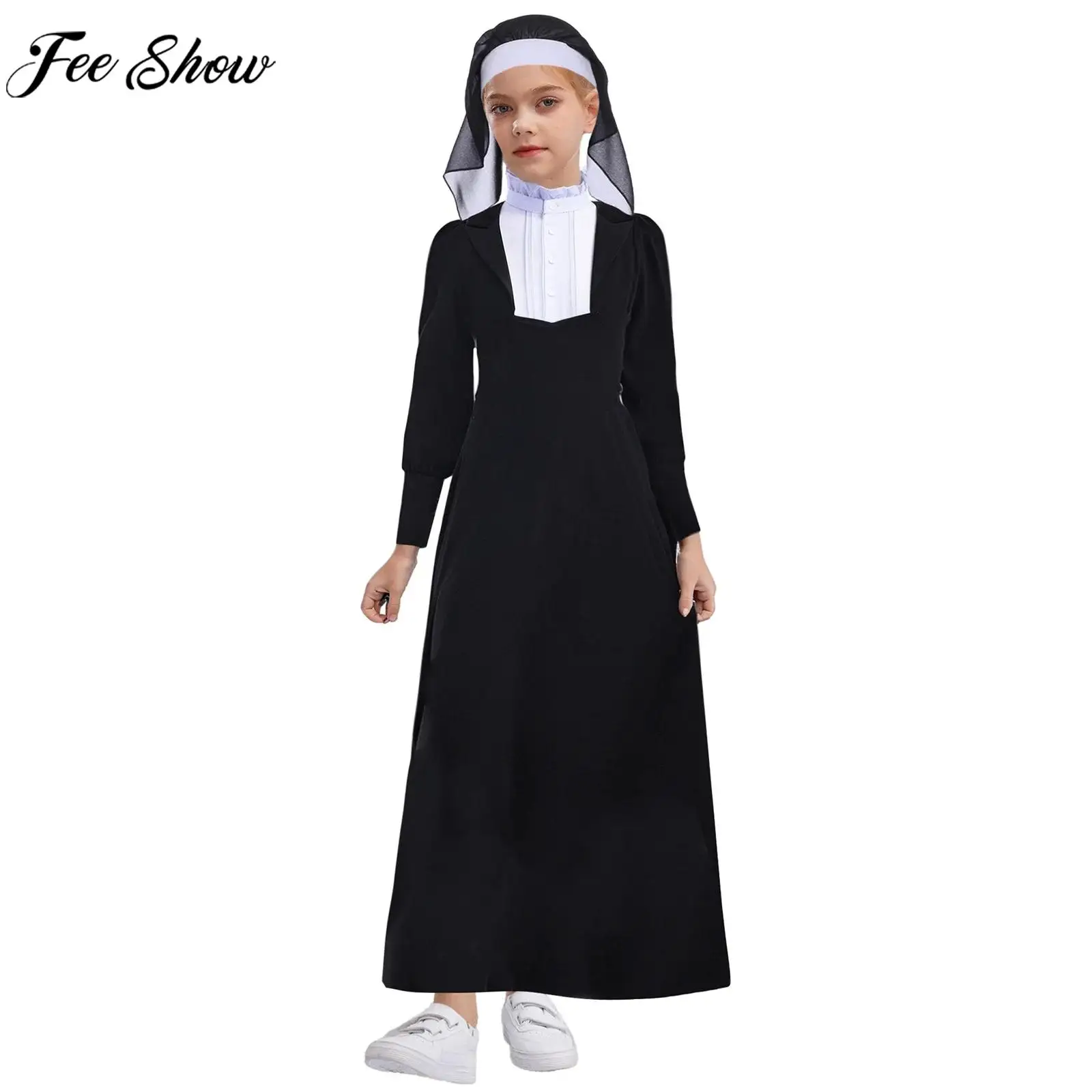 

Детское платье для косплея ангела и монахини для девочек, халат с длинными рукавами и вуалью, головной убор для Хэллоуина, карнавала, рождественской вечеринки, церковной молитвы