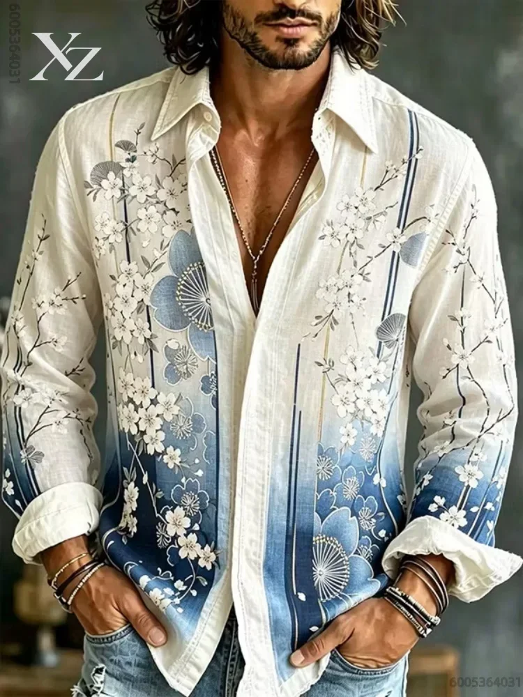 Men's long-sleeved blue and white plum blossom print shirt, versatile fashionable top for daily travel and vacation