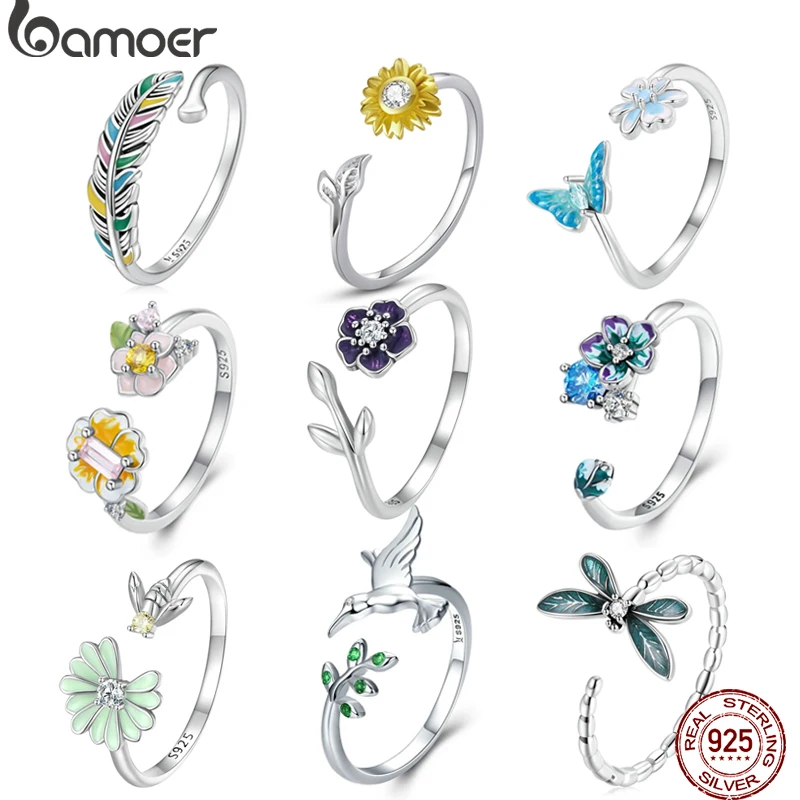 Bamoer 925 Sterling Silver Flower Butterfly hummingbird Open Rings adjustable CZ Textures Finger Ring Fashion Bands Jewelry