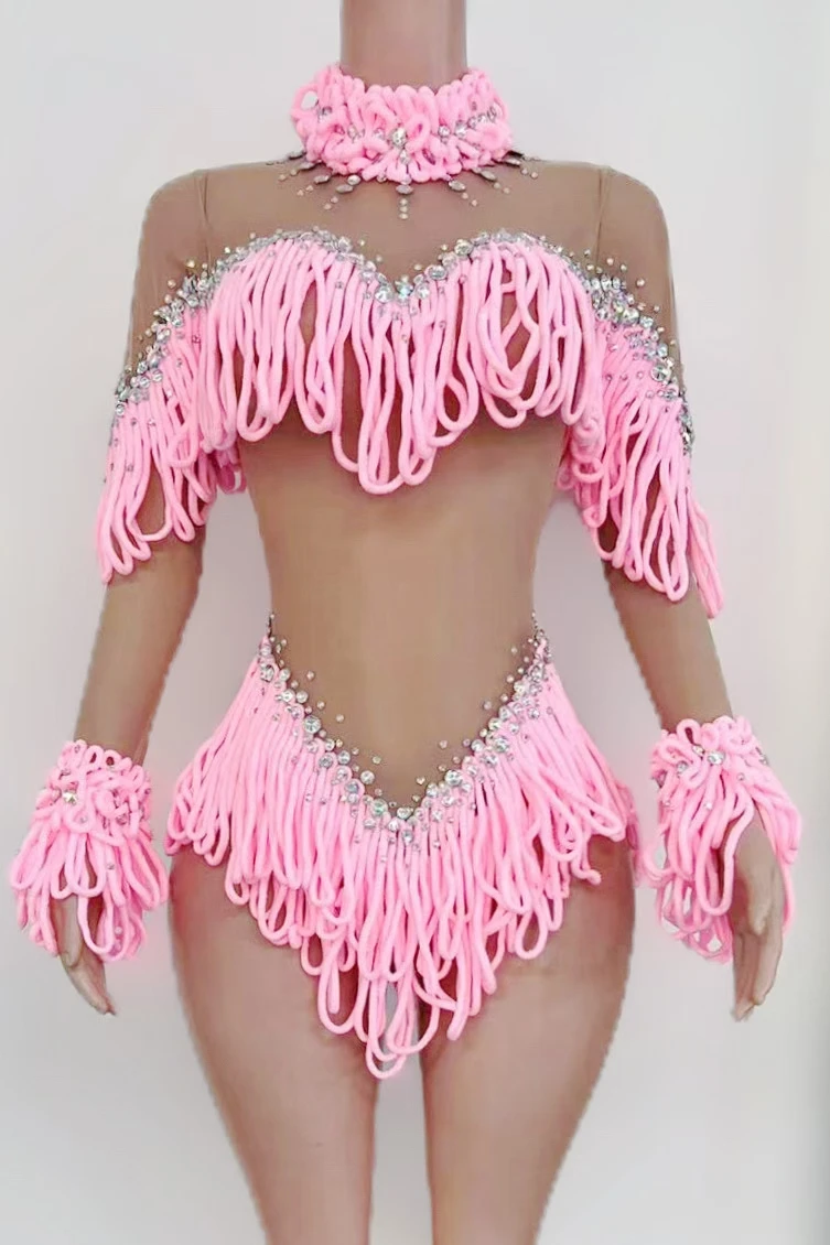 

Youshui Women Pink Leotard Sexy Mesh Performance Dance Birthday Costume Sparkly Rhinestones Tassels Bodysuit Dancer Stage Wear