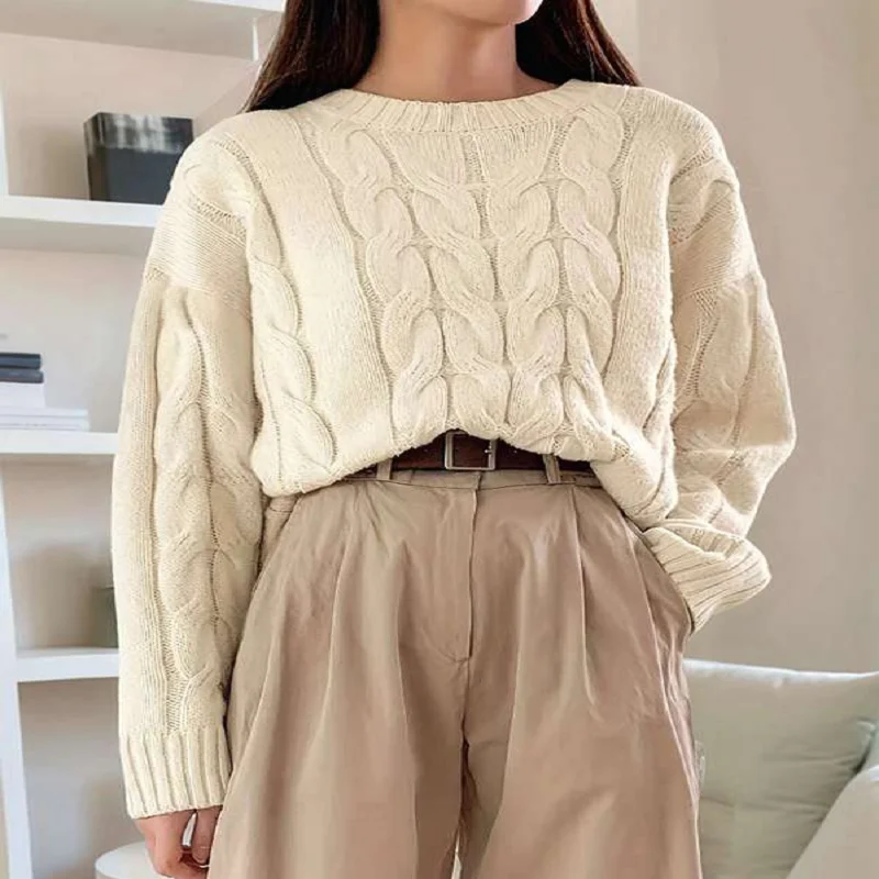 البلوزات النسائية خريف 2025 متماسكة طويلة الأكمام Crewneck المتضخم سترة البلوز ملابس فضفاضة