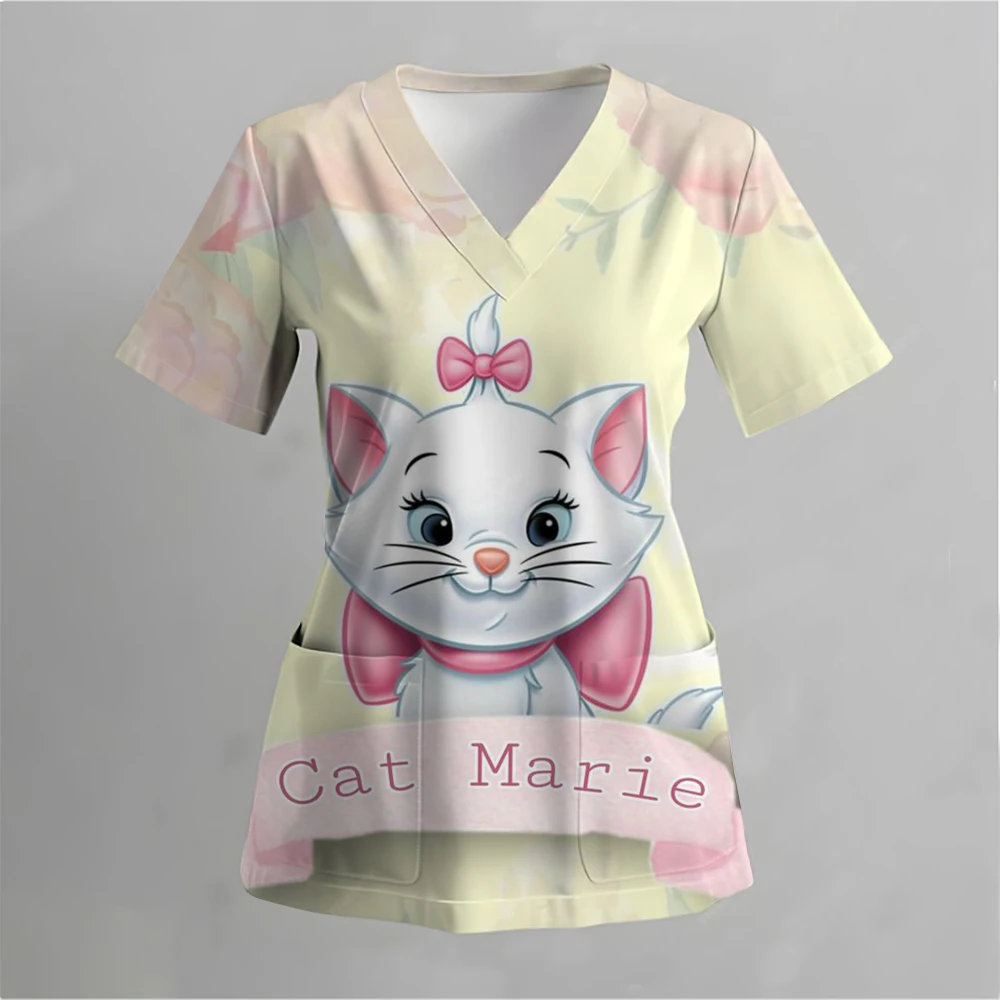 Women Nurse Uniform Mary Cat print V-Neck Pocket Medical Uniforms Cartoon Animal Nursing Scrubs Tops Workear Uniforme enfermera