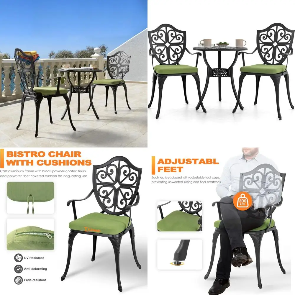 

Комплект для улицы из 3 предметов: круглый литой стол (24 дюйма), 2 стула, с подушками, идеально подходит для патио, сада, заднего двора, балкона, черный