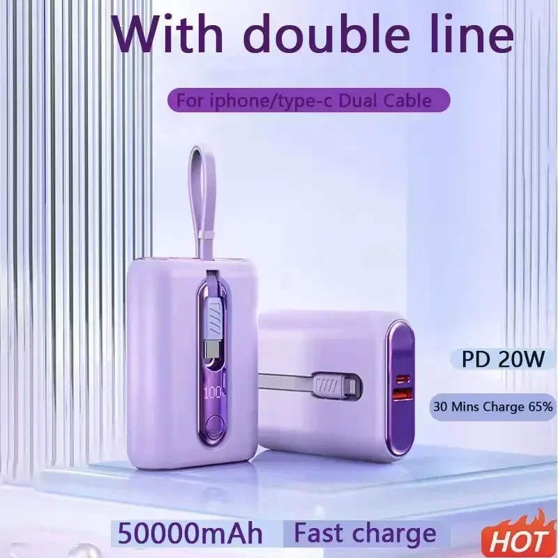 

Mini 22.5W Power Bank Fast Charging Powerbank With Type-C For iPhone Cable 50000mAh PD QC3.0 Charger For Samsung Xiaomi