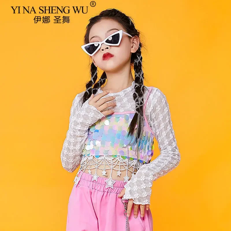 Vestito da ballo jazz per ragazze Costume hip-hop Vestito K-pop Crop Top Pantaloni cargo rosa Abbigliamento da ballo di strada moderno Set da performance per bambini