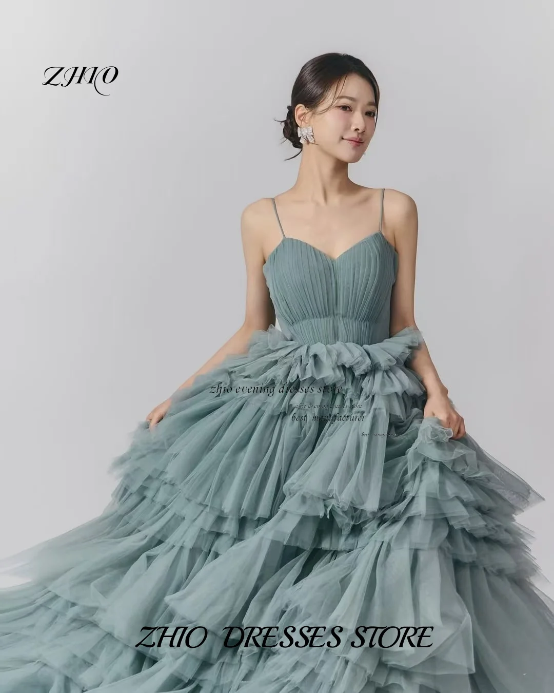 ZHIO Dusty Blue Fairytale เกาหลี Tulle ชุดราตรี A-Line สปาเก็ตตี้สายรัด Fluffy Layered แฟชั่นชุดราตรีที่กําหนดเอง