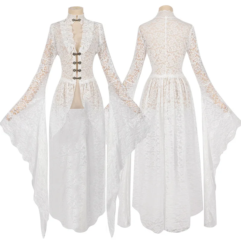 Women White Cosplay Dress European and American Retro Medieval Palace Lace Dress Victorian Ball Gown Costume