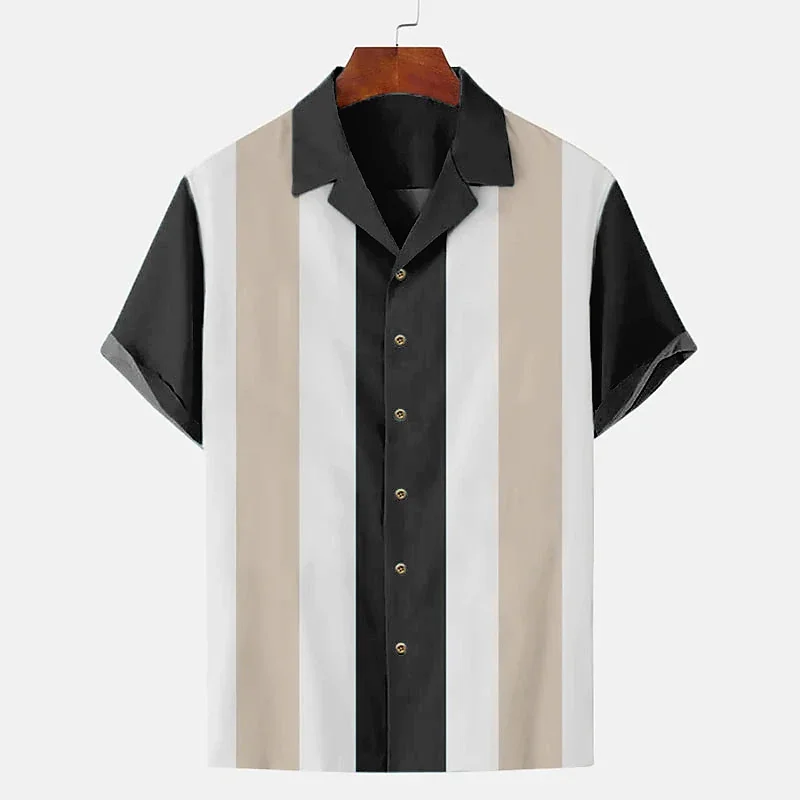 Holiday beach stripes 3D printed men\'s casual fashion short sleeve shirt with rollover button-down shirt oversized unisex garmen