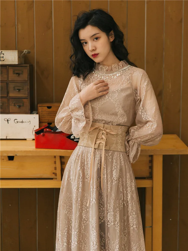 Ubei Spring new vintage French court style flared sleeve dress female high waist show thin lace long dress