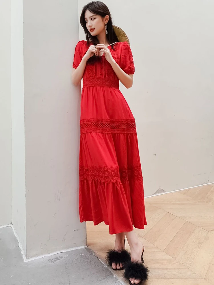 GypsyLady Floral Embroidery Maxi Dress Red Cotton Lace 2xxl Summer Holiday Dress Hollow Out Sheer Boho Sexy Chic Women Dresses