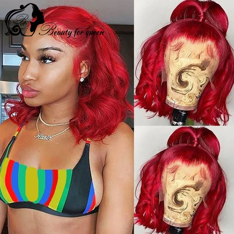 

Red Wave 13x4 Transparent Lace Front Wigs Human Hair Short Bob Wave Wig For Women Remy Lace Frontal Colored Wigs Pre-plucked