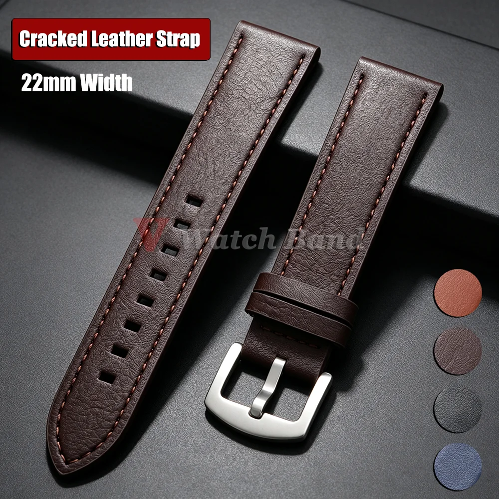 22mm Brown Black Cowhide Straps Vintage Oil Wax Cracked Texture Watch Band Pin Buckle Universal Bracelet for Men Wristbands