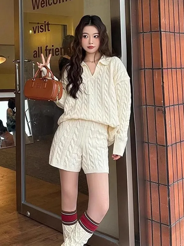 Dames herfst winter gebreide trui set hoge taille orts twee stukken losse pasvorm comfortabele Koreaanse sle kraag kleding