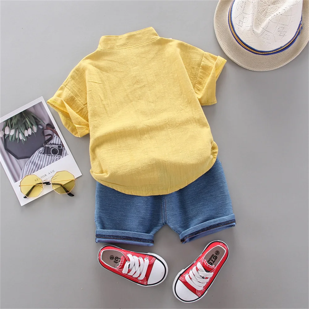 2PCS Baby Set Summer Fashion Small Animal Letter Printing Pattern Standing Neck Short Sleeve Denim Shorts Set