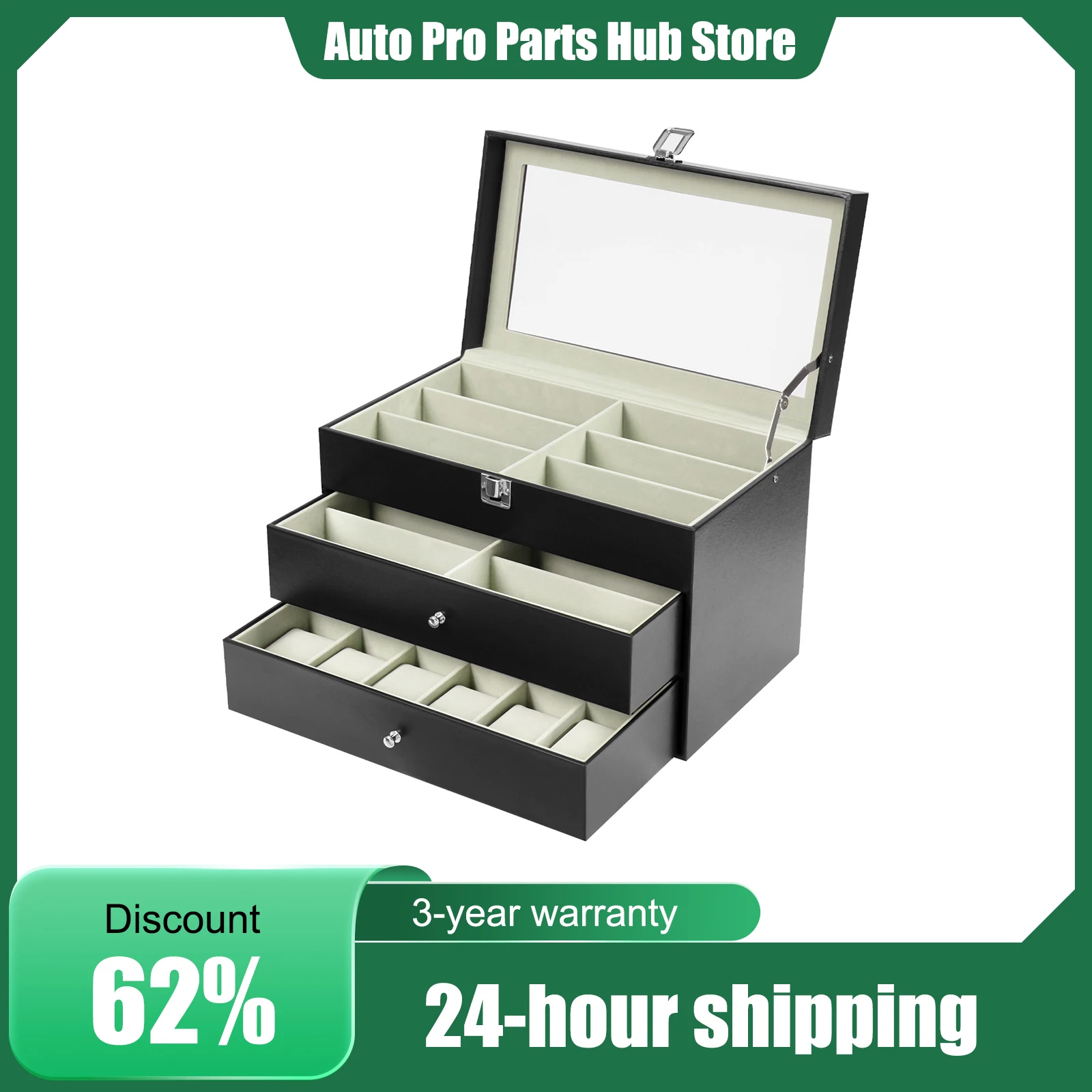 Watch Storage Box Display Case, Watch Box, 12 Grid Eyeglass Organizer, PU Leather Jewelry Container, Soft Liner, Secure Closure, Dustproof Design, Watches and Glasses Protective Storage for Men Women