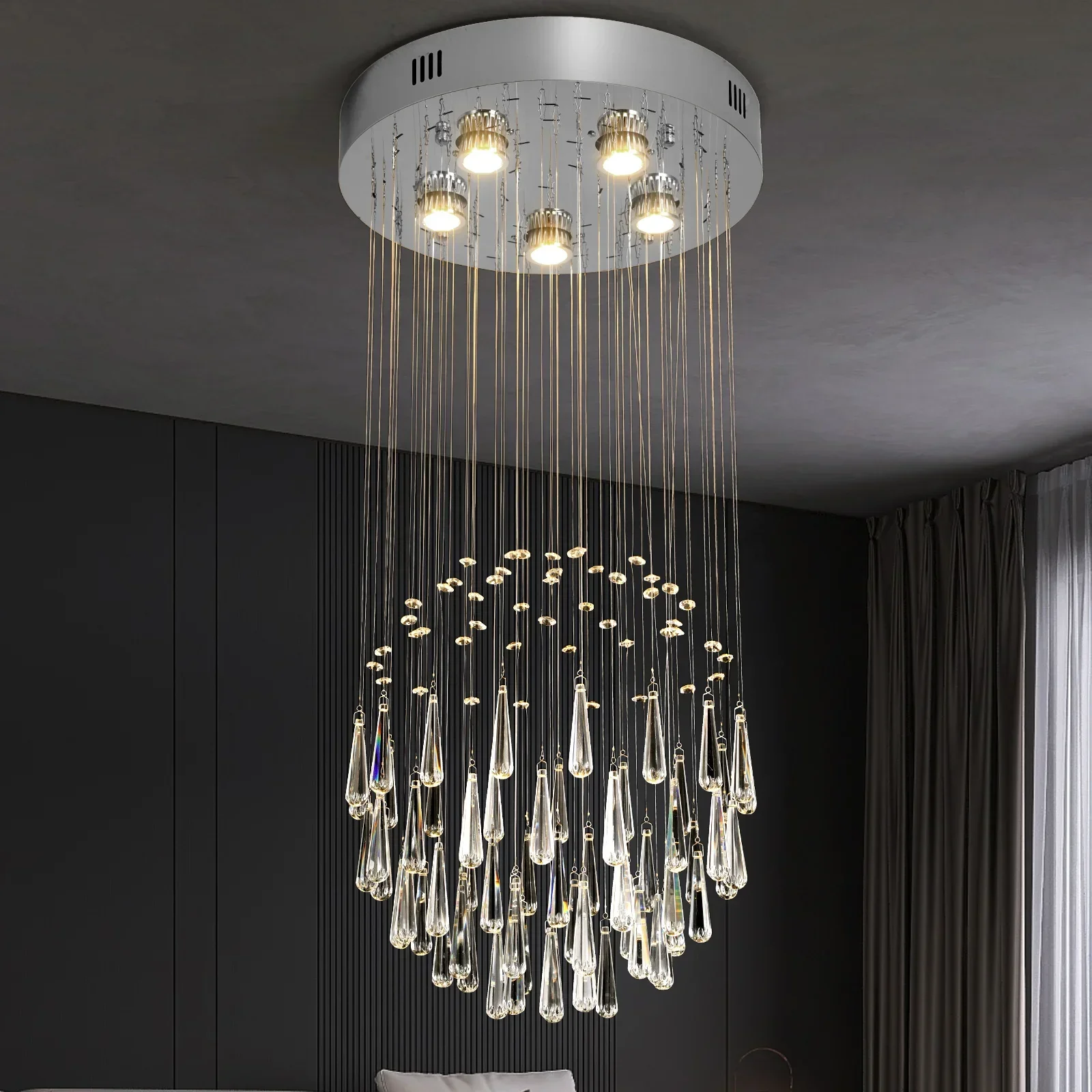 

Luxury Crystal Led Pendant Light Modern Loft Stairs Chandelier Hanging Lustre Ceiling Lamp Home Appliance Decor Lighting Fixture