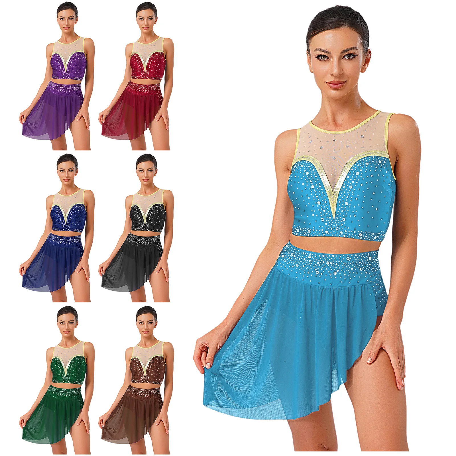 Women Shiny Rhinestone Sheer Mesh Modern Lyrical Dance Crop Tops with Leotard Skirt Figure Skating Gymnastics Acrobatics Outfit