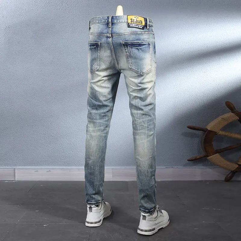 

Designer Fashion Men Jeans High Quality Retro Light Blue Stretch Slim Fit Ripped Jeans Men Y2K Vintage Casual Denim Pants Hombre