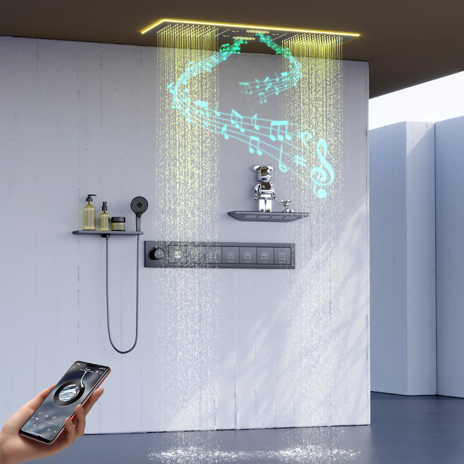 Hot Sales 900*300mm LED Music Shower Set Rain Column Waterfall Mist Shower Head Thermostatic Digital Display Shower Faucets Set