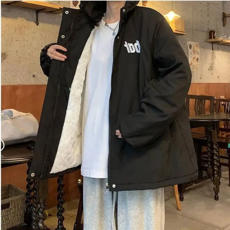 النمط الأمريكي صوف مبطن سترة الشتاء سميكة الرجال حروف ملابس خارجية العلامة التجارية العصرية معطف القطن للجنسين لباس غير رسمي #3