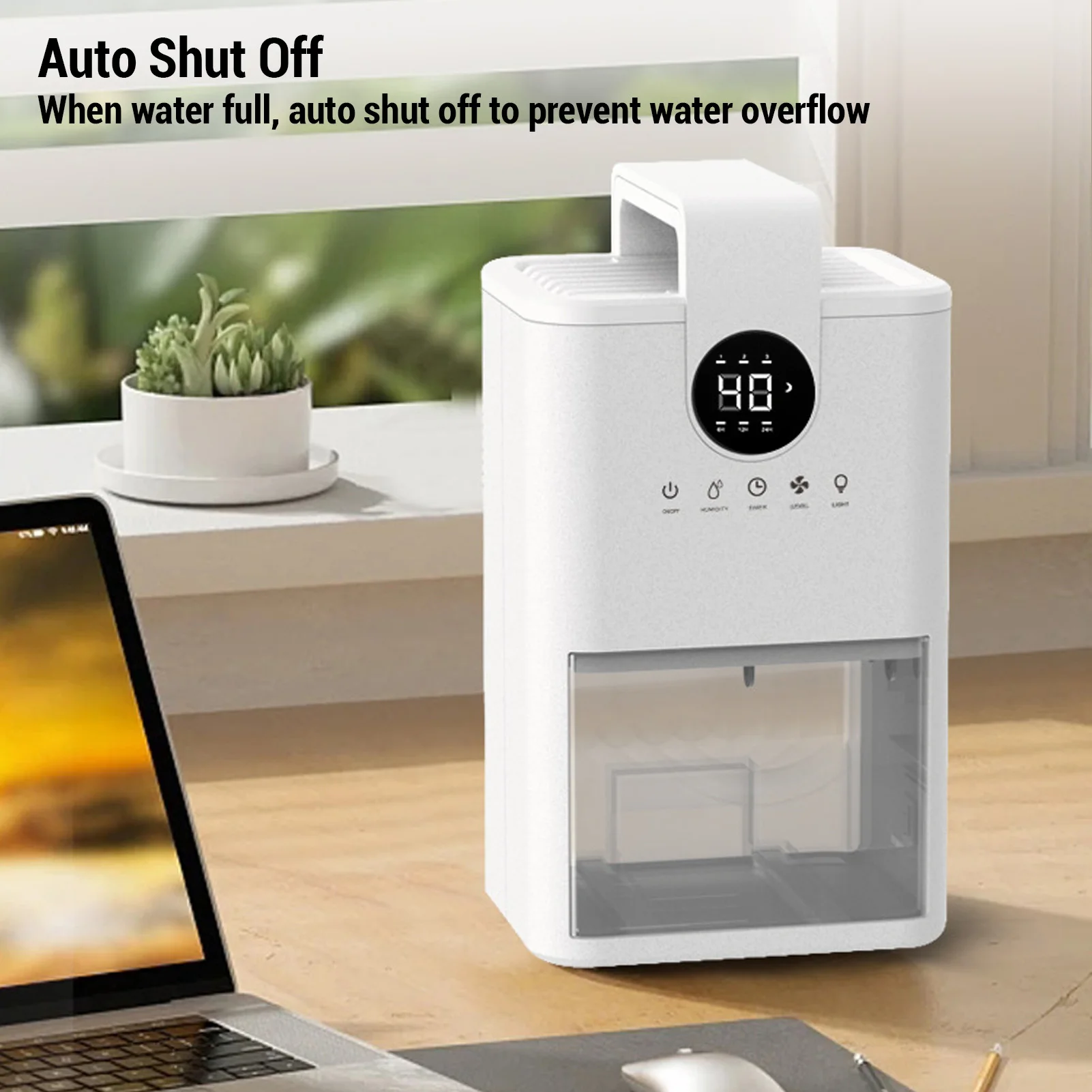 Desumidificador pequeno para casa, tanque de água de 1l, silencioso, umidade personalizável, 6h, 12h, 24h, temporizador, desligamento automático, luz noturna colorida para quarto