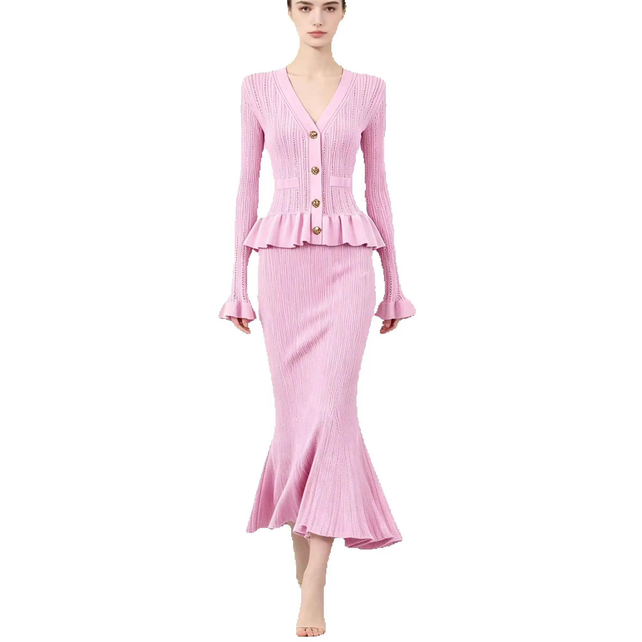 High Quality Fashionable Solid Color Knitted Hollow V-neck Diamond Button Lotus Leaf Long Sleeved Fish Tail Slim Fit Women Dress
