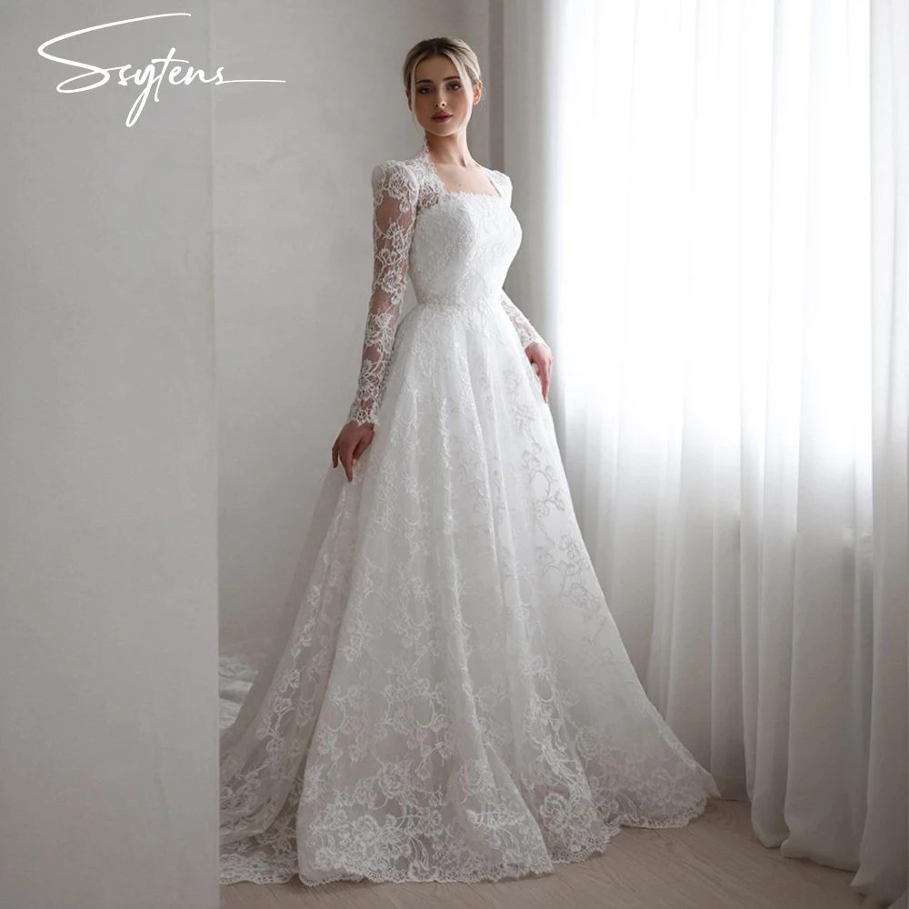 SSYTENS Abito da sposa con maniche lunghe in pizzo pieno con scollo quadrato Abito da sposa personalizzato Israele per la sposa Vestido civile su