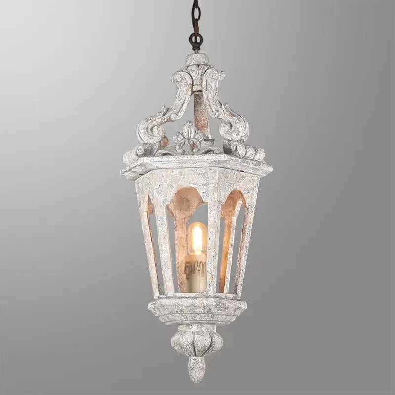 European Antique Lantern Candle Chandelier Vintage Carved Metal Frame Small Hanging Pendant Light for Hallway Dining