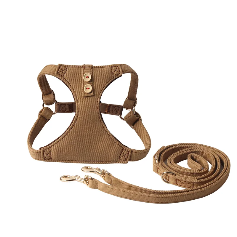 

Cotton Denim Dog Harness & Pet Leash Set - Adjustable Breathable Chest Harness with Decorative Snaps for Small Breeds
