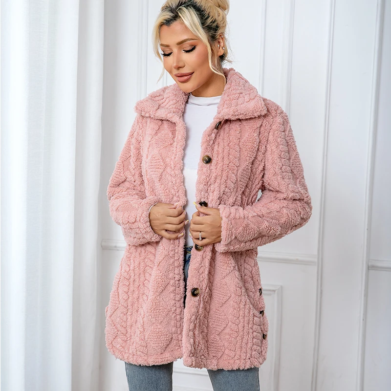 Women Textured Fuzzy Fleece Coat Lapel Collar Button Down Mid Length Warm Plush Jacket Casual Autumn Winter Outerwea