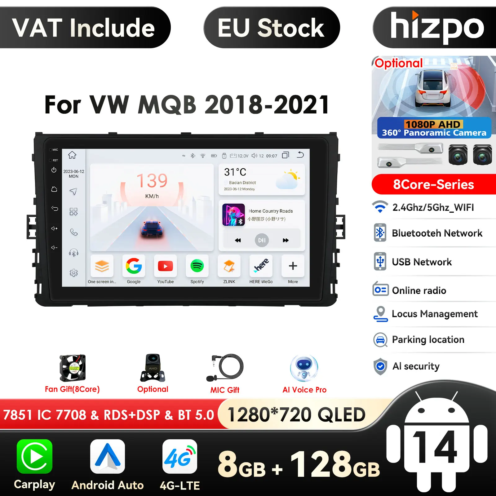 Autoradio Android Carplay pour VW, MQB, Polo Plus, T-Cross, Zoals, T-Reproduct is, T-Roc Tharu Sagitar, Limitation First, GPS, 2Din Stereo, 4G, 9"