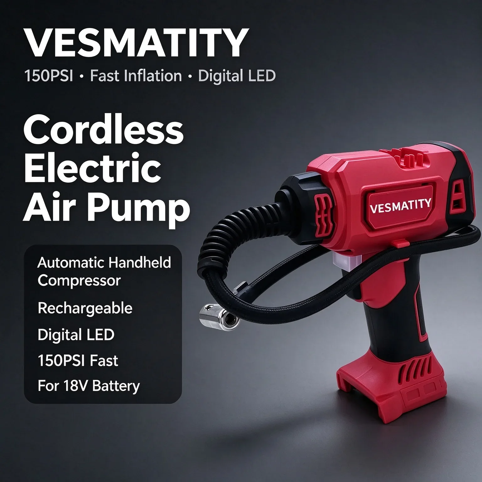 Cordless Electric Air Pump Car Tire Inflator Automatic Handheld Compressor Rechargeable Digital LED 150PSI Fast For 18V Battery