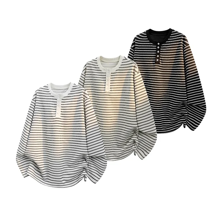 Herbst Neuheit: Henry-Kragen Gestreiftes Casual-T-Shirt mit Knöpfen, Übergröße, Locker Geschnitten, Langarm, Weiche Strick-Unterwäsche für Herren, Basisschicht-Oberteil – Detail 1