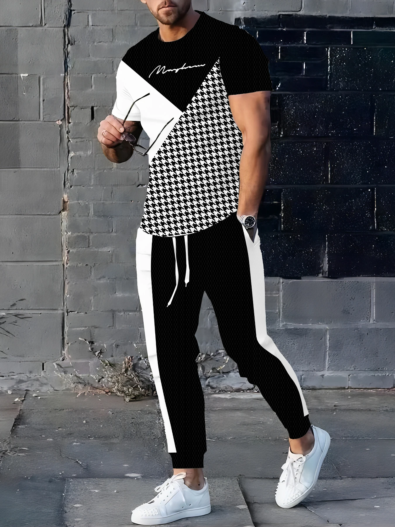 Verão masculino novo listrado carta impressão refrescante e respirável em torno do pescoço camiseta calças definir roupas casuais ao ar livre