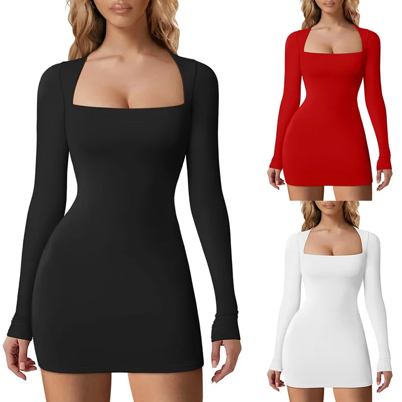 

Spring and Autumn 2024 Women's Dress Fashion New Square Neck Long Sleeve Solid Color Chest Wrap Hips Slim Sexy Elegance