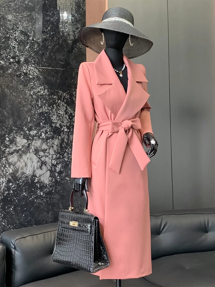 

Pinno 2025 Korean Sle Long Sve Over-Knee Waist-Cinching Coat Pink Polka Dot Belted Windbreaker Autumn Winter New Arrival