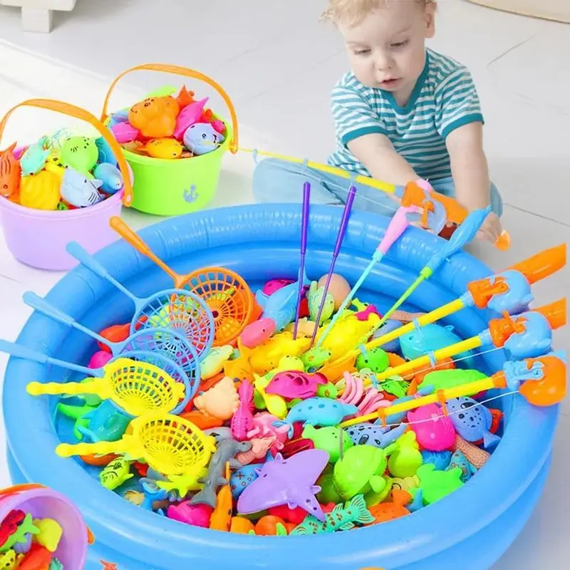 子供用磁気釣りおもちゃセット、インフレータブルプール付き - 赤ちゃんや子供向けの屋内外スポーツパズルおもちゃ、水遊びおもちゃ