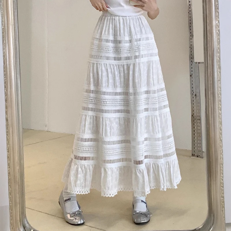 Wielowarstwowa spódnica maxi z wyciętymi oczkami koronkowa półprzezroczysta zwiewna biała spódnica damska nastoletnia dziewczyna Boho letni strój plażowy Fairycore