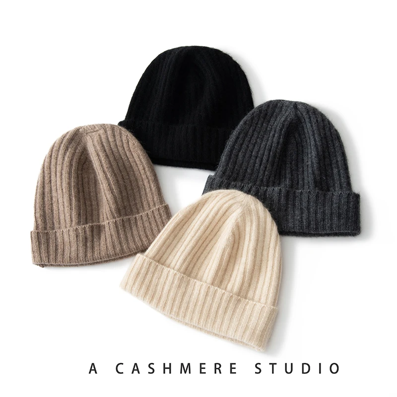 LHZSYY Men's 100% Cashmere Knitted Hat Winter Warm Cap Unisex Pure Color Versatile Cold Weather Fashion Commute Style Foldable