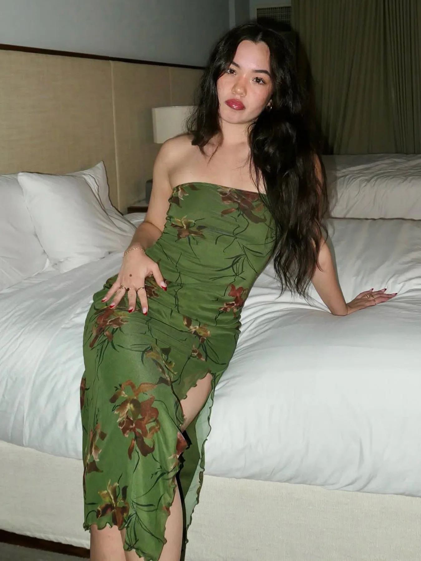 Vestido ajustado de fiesta de noche para mujer, temperamento Fairycore Cottagecore entrecruzado, manga abombada, dobladillo de burbuja, cintas, patrón de fresa