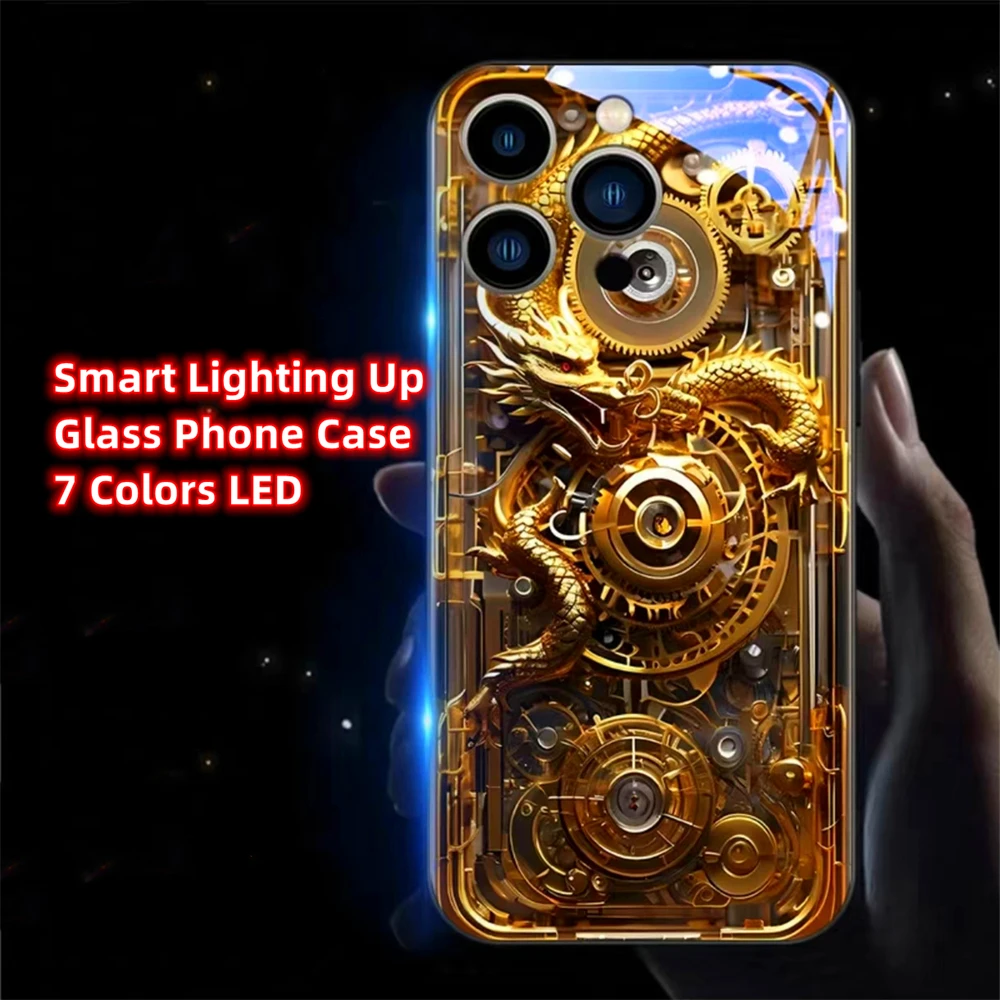 Luxury Golden Mech Dragon Design Smart LED Light Glow Tempered Glass Phone Case For iPhone Air 17 16 15 14 13 12 11 Pro Max Plus