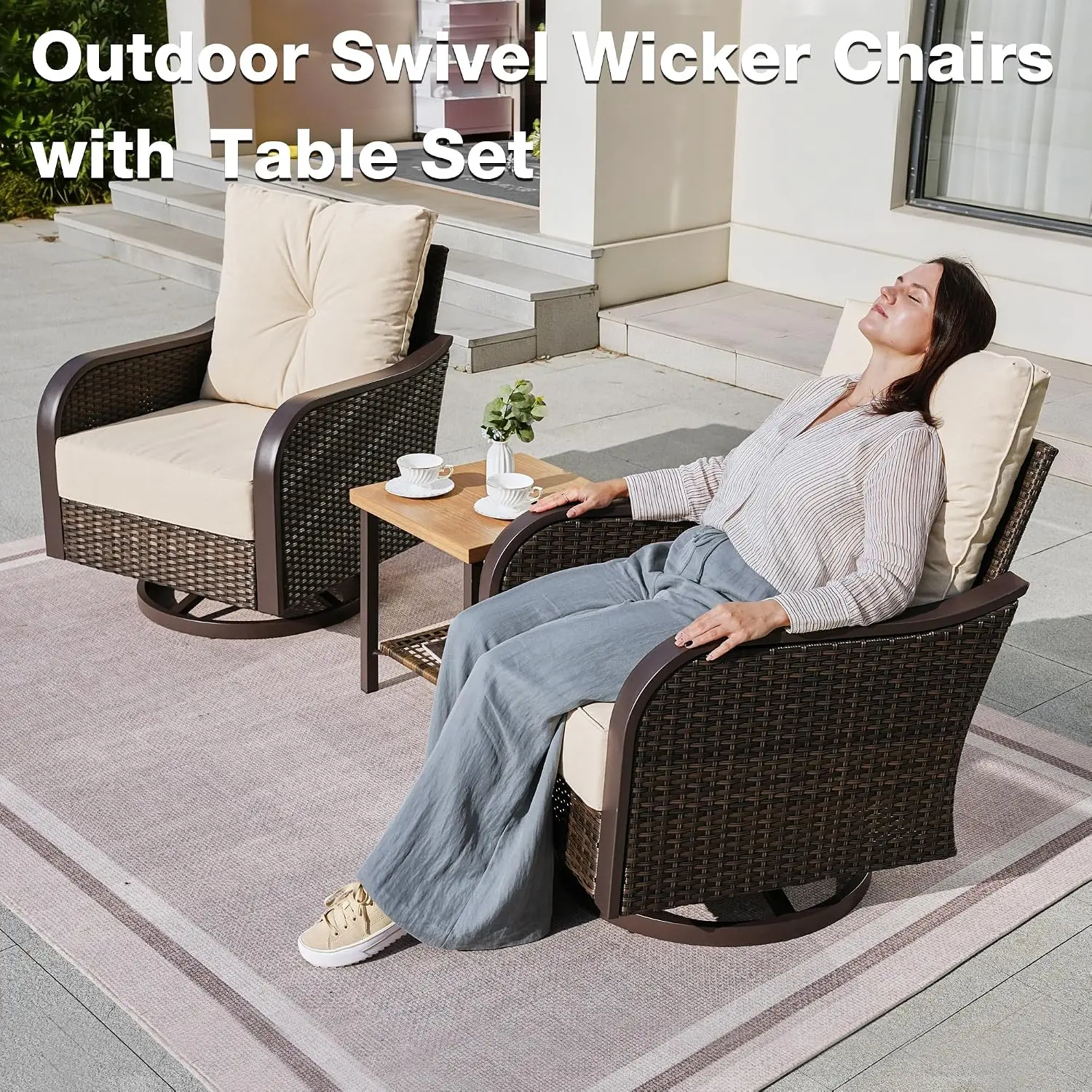 Wicker Swivel Rocking Chair Set with 6 Inch Cushions, Beige, Customized