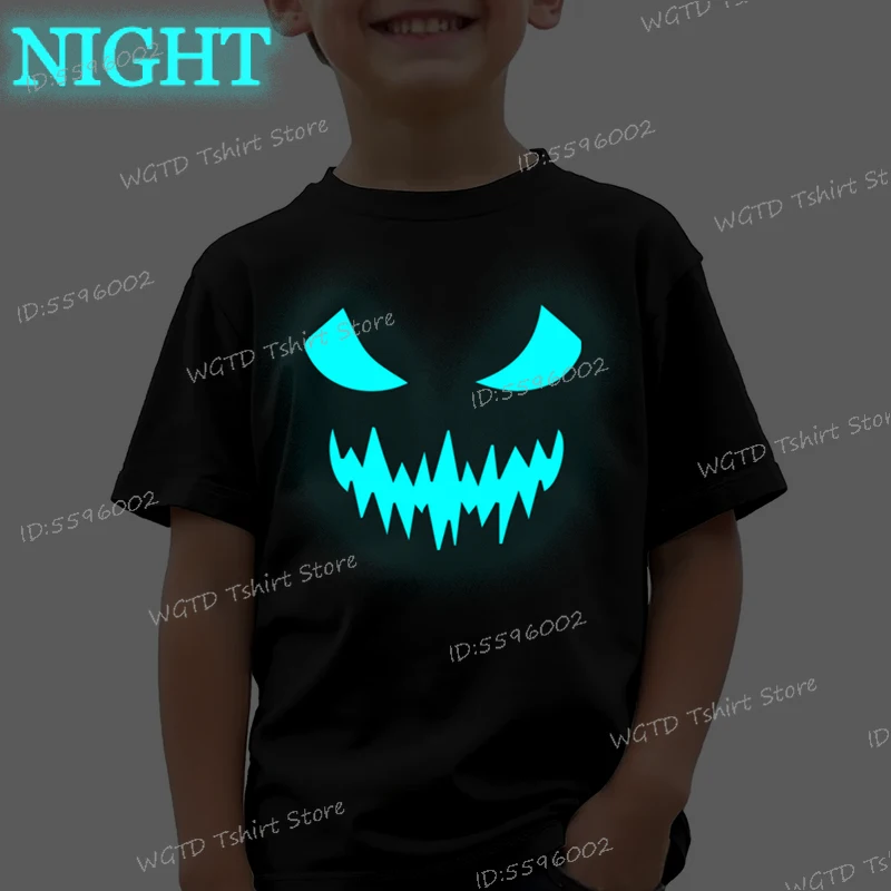 

Fashion Harajuku Tshirt Children Luminous Halloween Girl Boy Clothes Luminous Skull Face Humor Tee Shirt Boys Spooky Vibes Tops